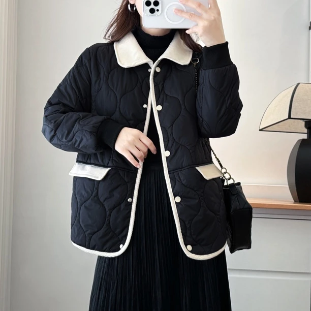 大码小香风洋气时尚拼接翻领棉衣棉服女秋冬韩版显瘦保暖夹棉外套
