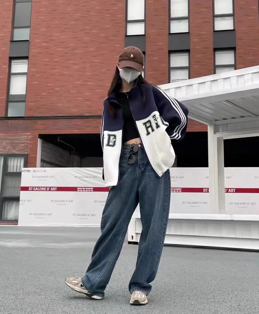 拉链开衫加厚休闲插肩袖拼色字母宽松百搭秋冬卫衣