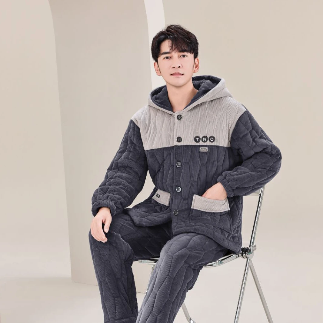 冬季三层夹棉袄大码男士睡衣珊瑚绒加绒加厚家居服保暖套装新款爆