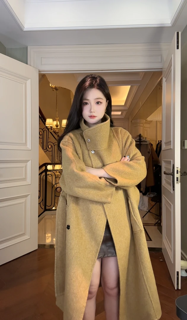 现货「鎏沙金」中长款秋冬显瘦气质宽松外套双面呢大衣