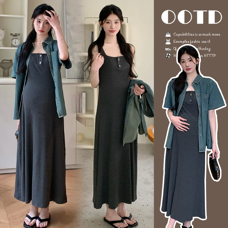 现货~2024夏装套装韩版时尚宽松薄短袖牛仔外套衬衫+背心裙