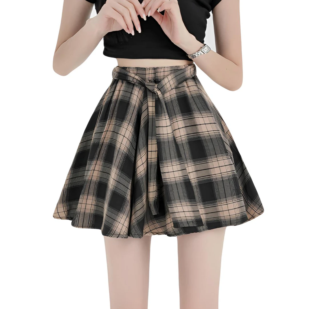 显瘦半身裙防走光裙子大码短裙高腰格裙夏季制服学生格子381#