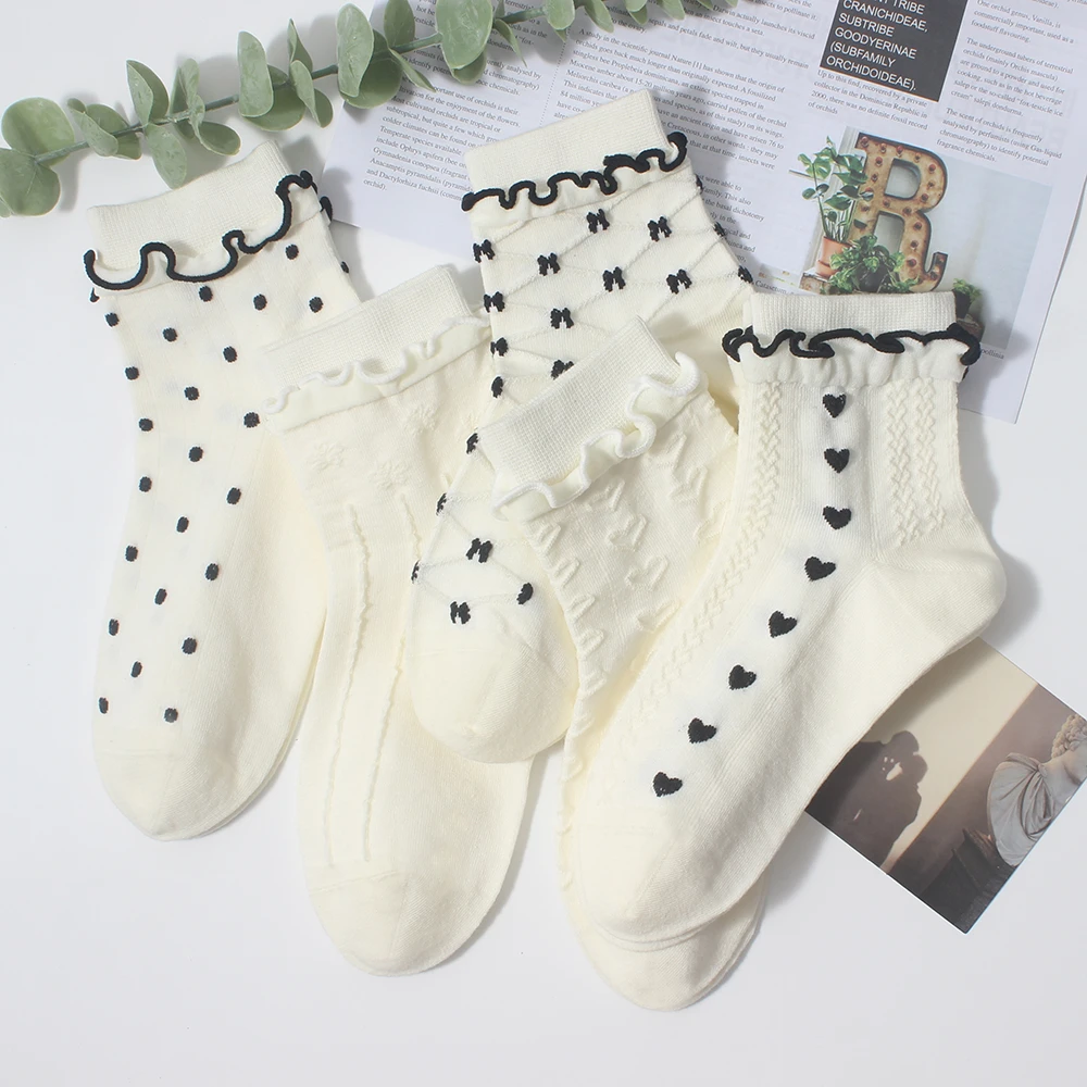 袜子女短袜小香风纯棉夏天薄款可爱立体高弹波点公主风无骨木耳边