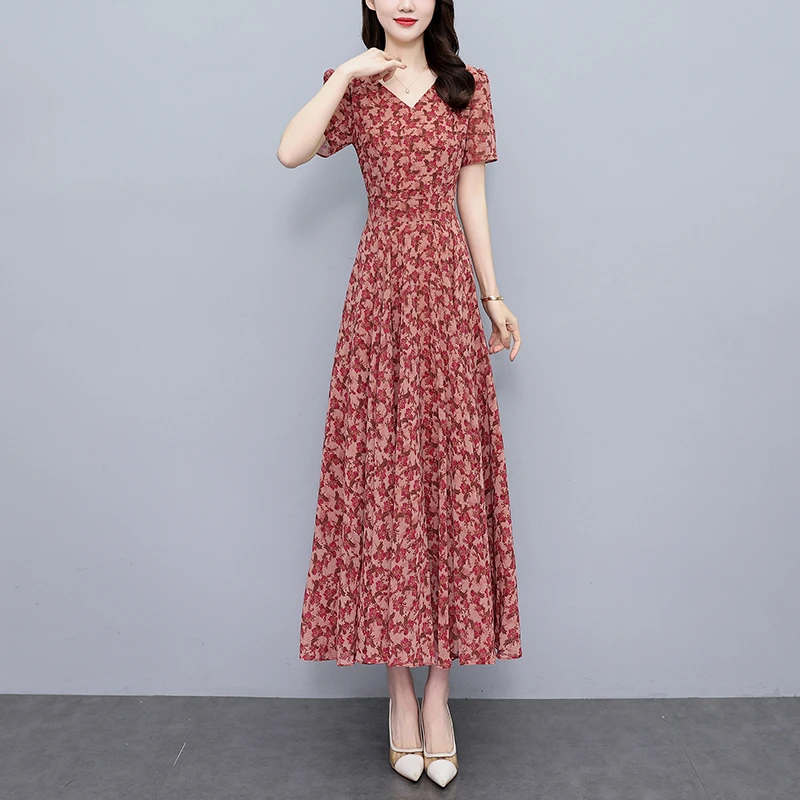 夏季新款高贵上档次女装气质雪纺碎花连衣裙大码收腰显瘦红色长裙