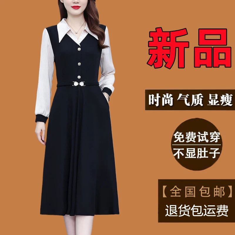 有口袋高端轻奢大码女装长袖连衣裙春秋季新款爆款假两件打底裙子