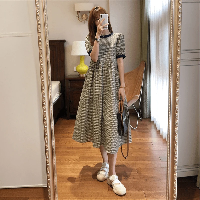 大码胖mm法式复古连衣裙2024夏季新款少女感绑带格纹显瘦碎花裙子