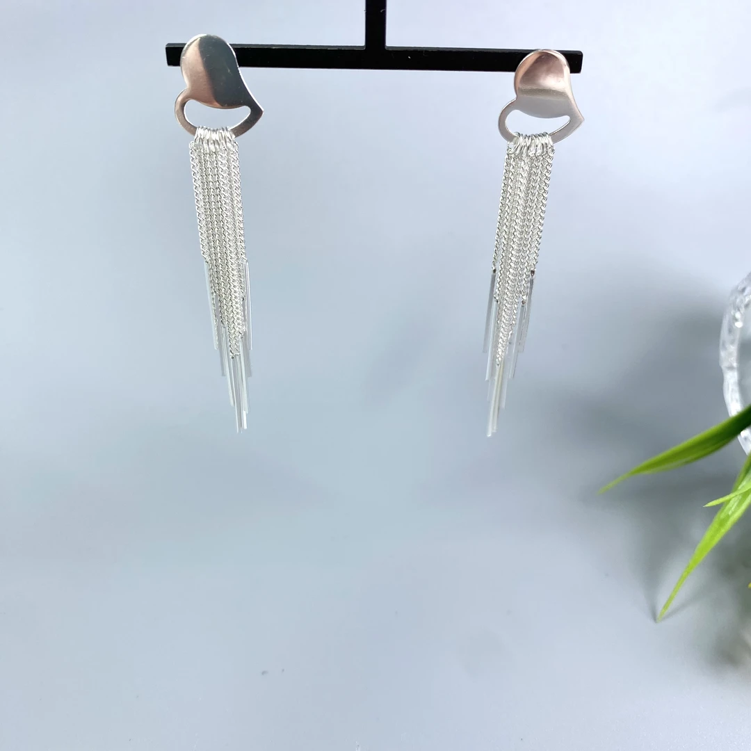 足银耳饰 足银99爱心流苏耳钉 古巴链流苏质素款女人味耳环气质