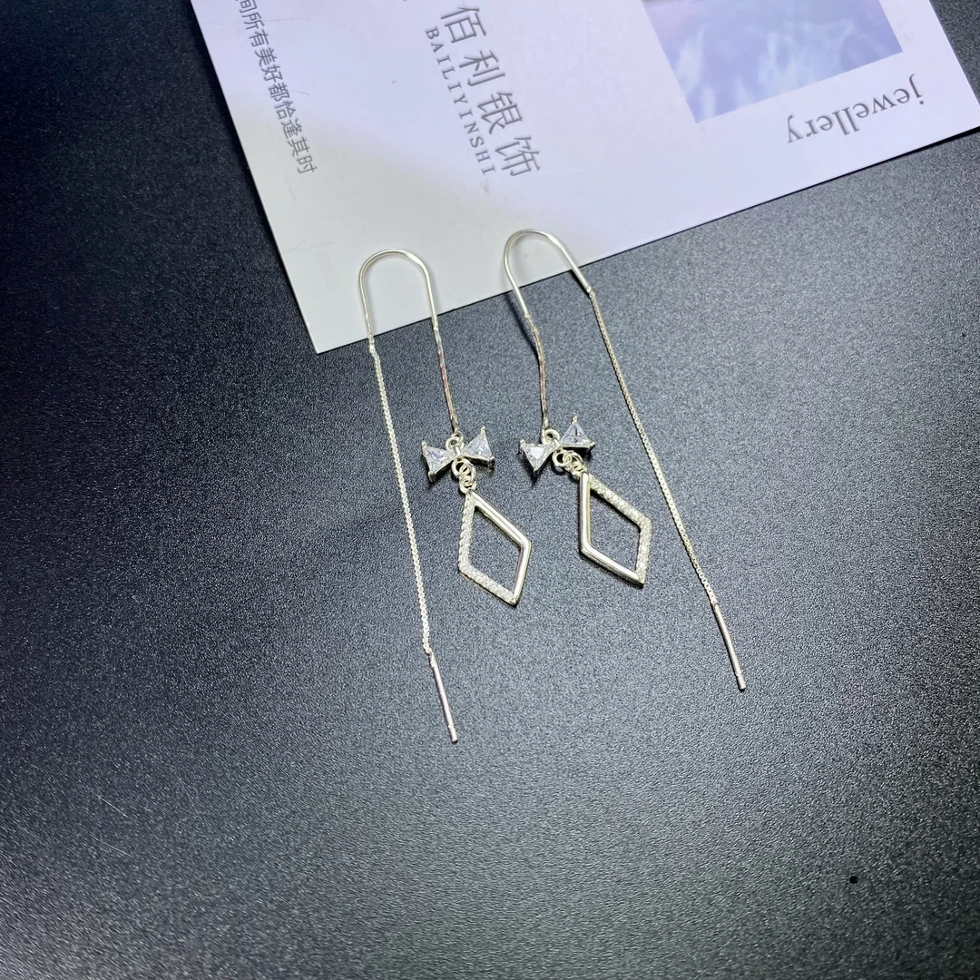 足银莫桑石耳饰 足银气质轻奢锆石菱形防丢耳线耳饰精致镶嵌满钻0
