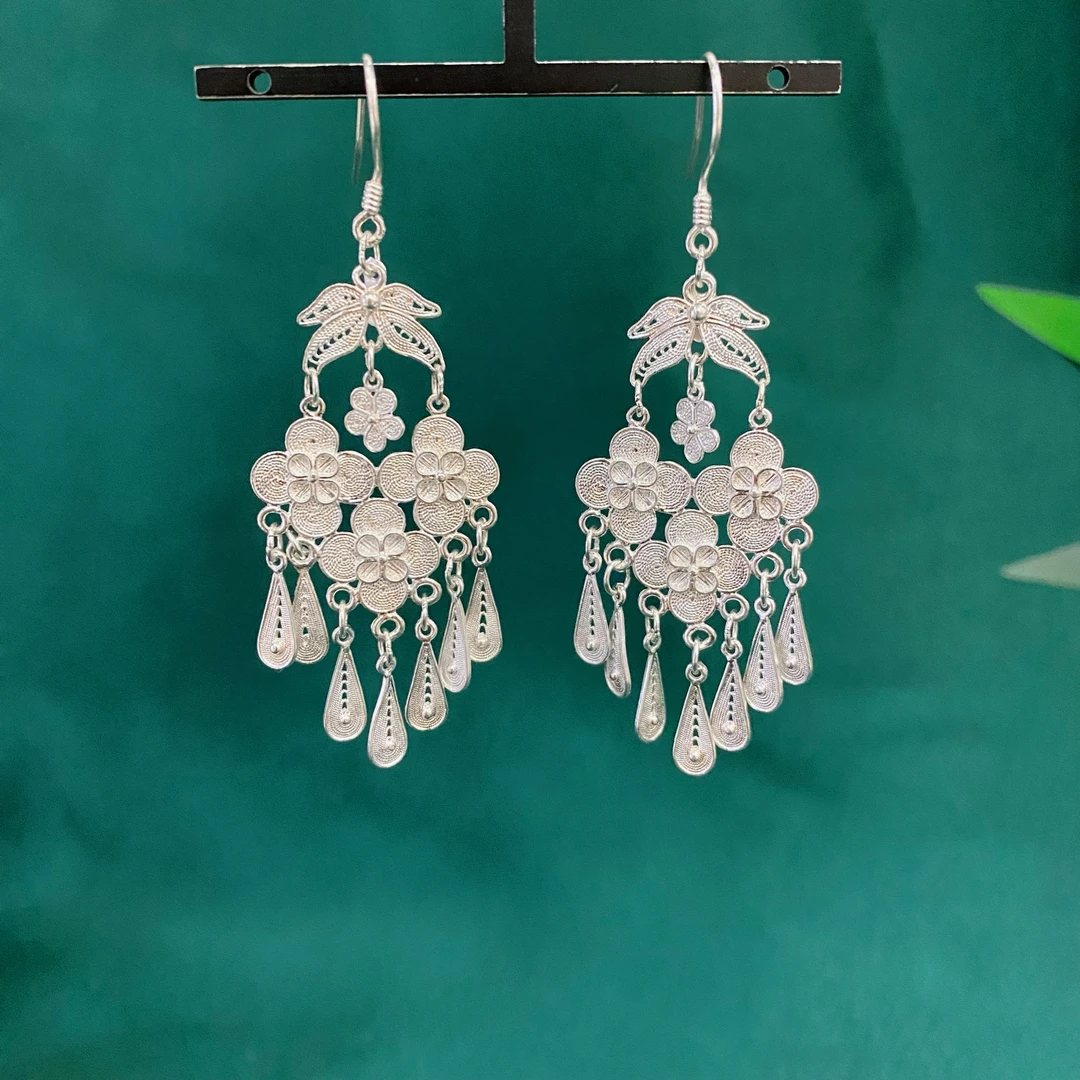 足银耳饰 佰利银饰足银叶子花朵菱形耳环编织纯手工苗族编织气质