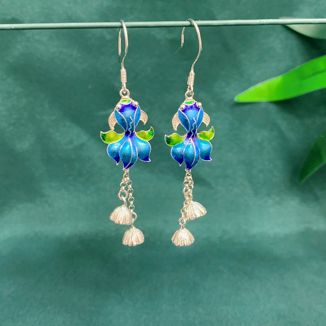 足银耳饰 佰利银饰足银小鱼耳环珐琅彩古风长款纯手工烧蓝重工