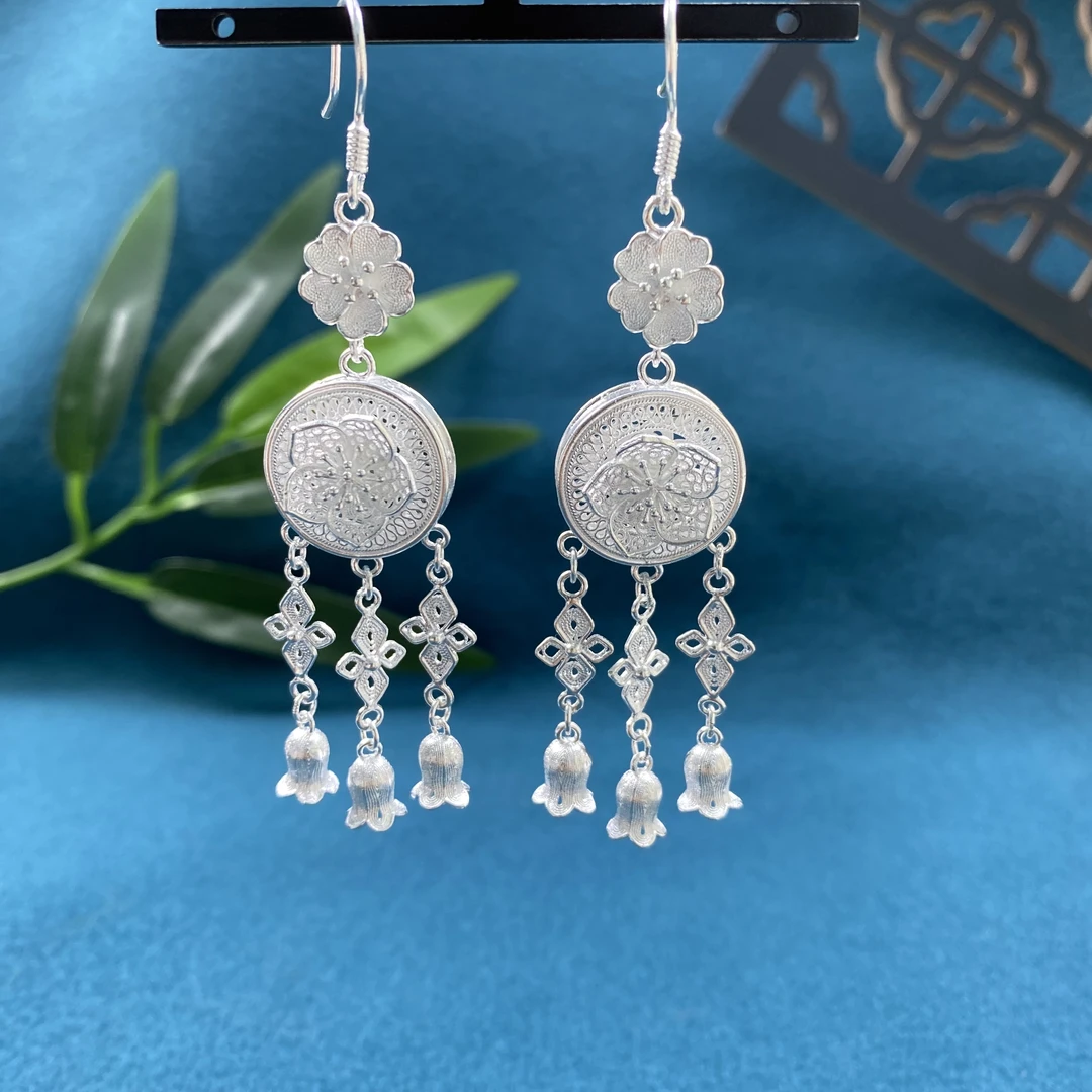 足银耳饰 足银民族风花丝工艺太阳鼓铃兰花流苏耳饰古风重工百搭