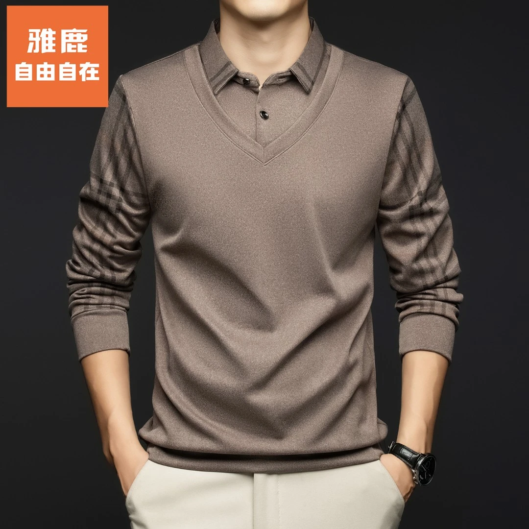雅鹿•自由自在假两件男士长袖t恤翻领商务休闲宽松百搭打底polo衫