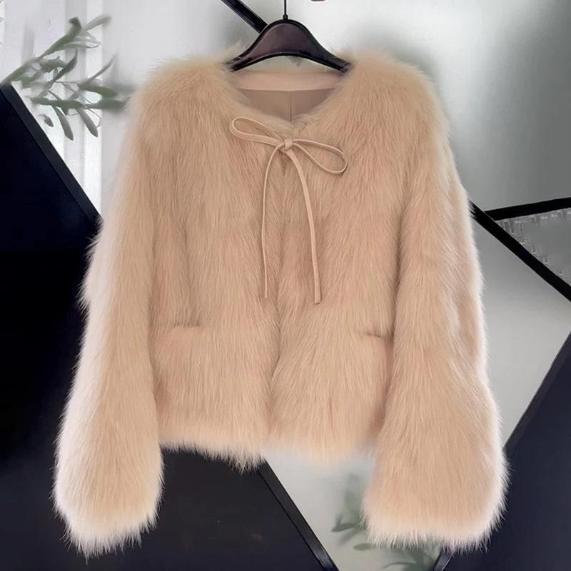 短外套女2024秋冬新款仿狐狸毛系带毛毛衣外套轻奢百搭小香风上衣