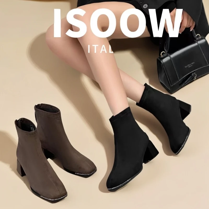 艾蘇复古绒面高跟短靴女秋冬百搭显瘦粗跟磨毛靴子