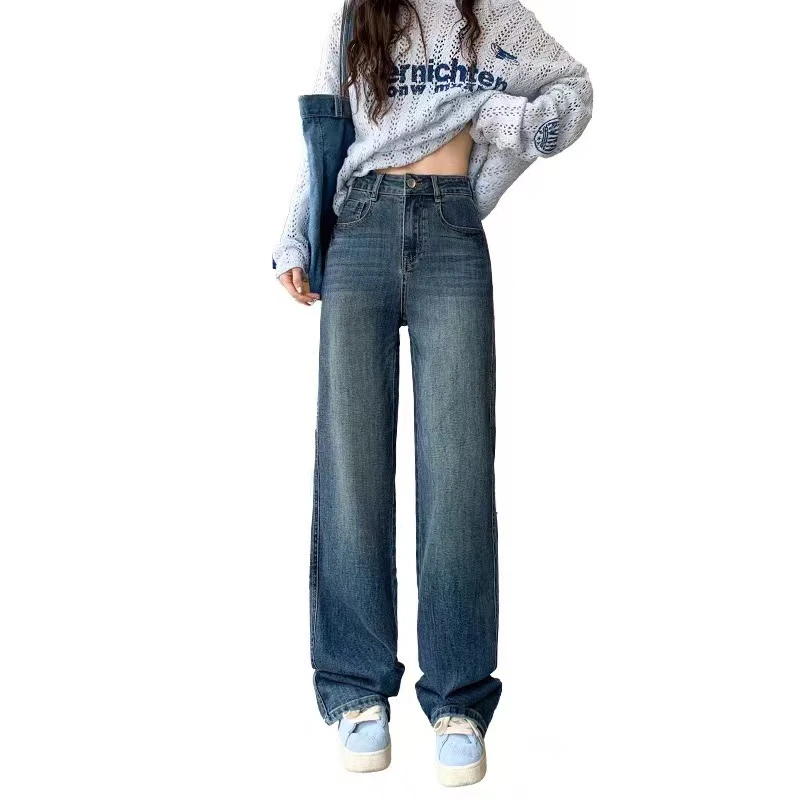 直筒高腰显瘦气质百搭宽松水洗秋季时尚休闲设计感复古拖地裤弹力