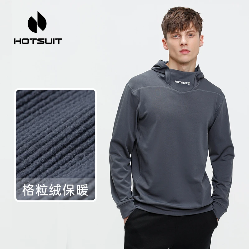 HOTSUIT/后秀运动长袖男秋冬高领连帽宽松户外格绒保暖外穿潮上衣