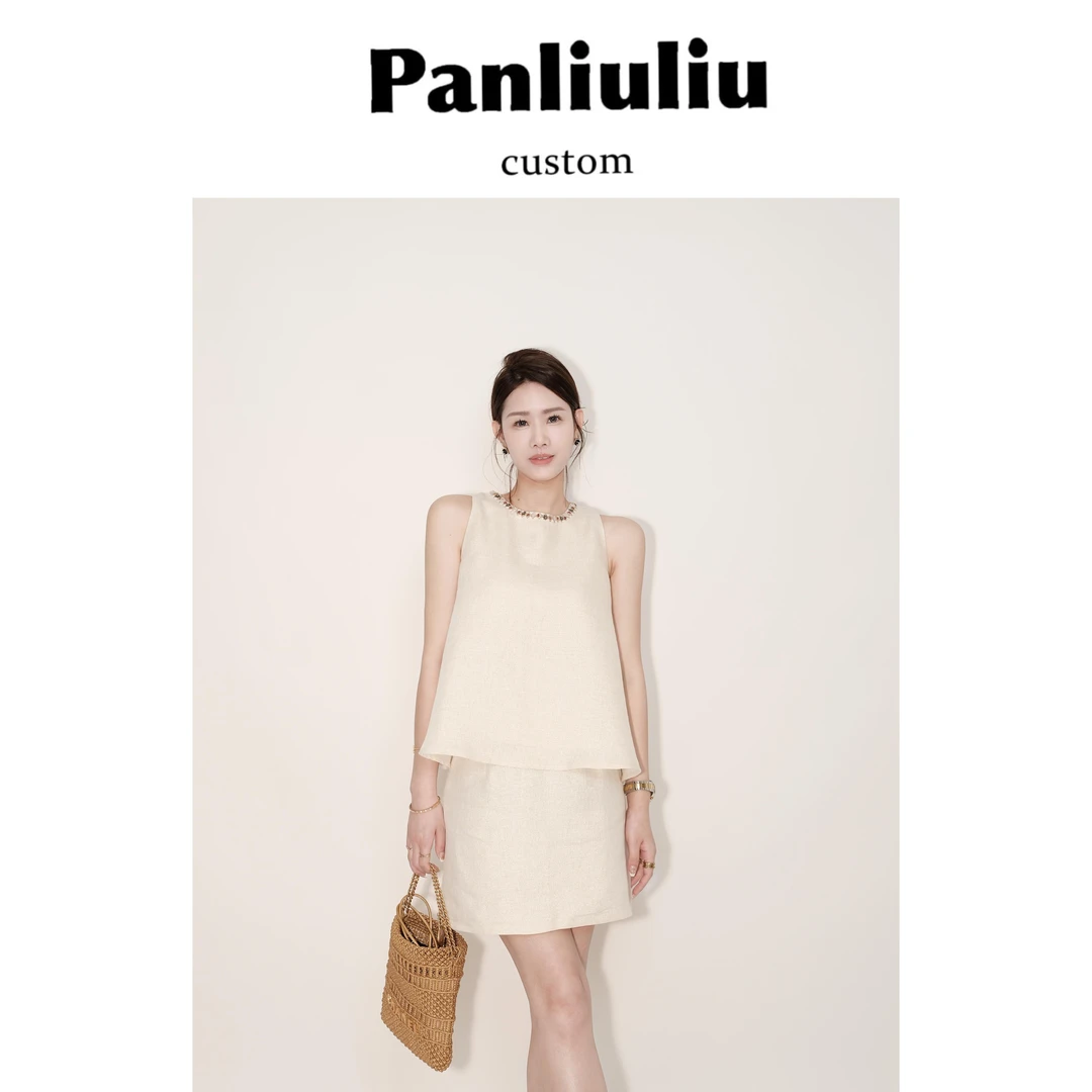 Panliuliu&【彩云】气质显瘦时尚亚麻背心短裙套装L8184
