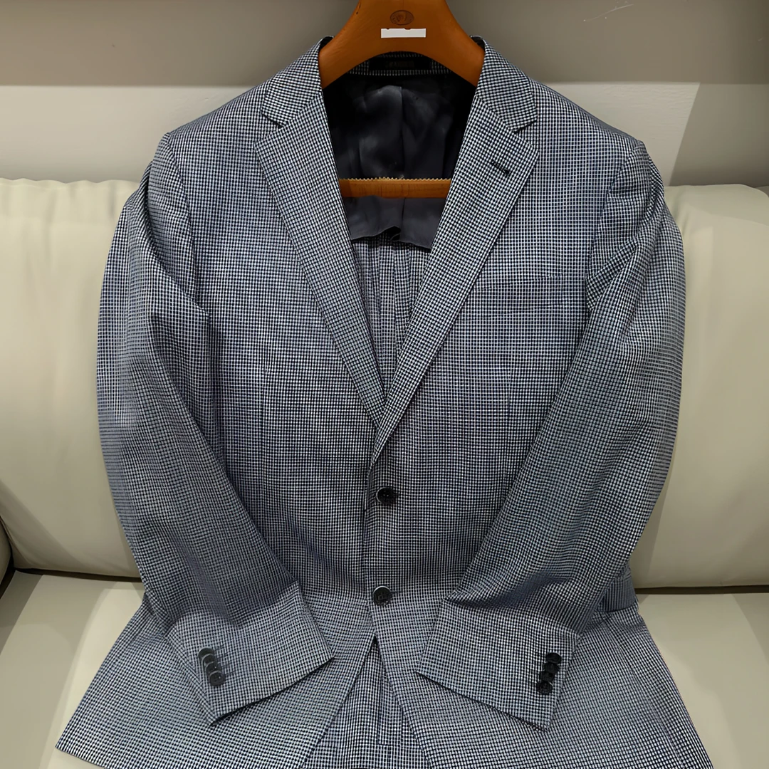 KFMAM13017薄款千鸟格羊毛+桑蚕丝 男士夏季商务西服两粒扣不开衩