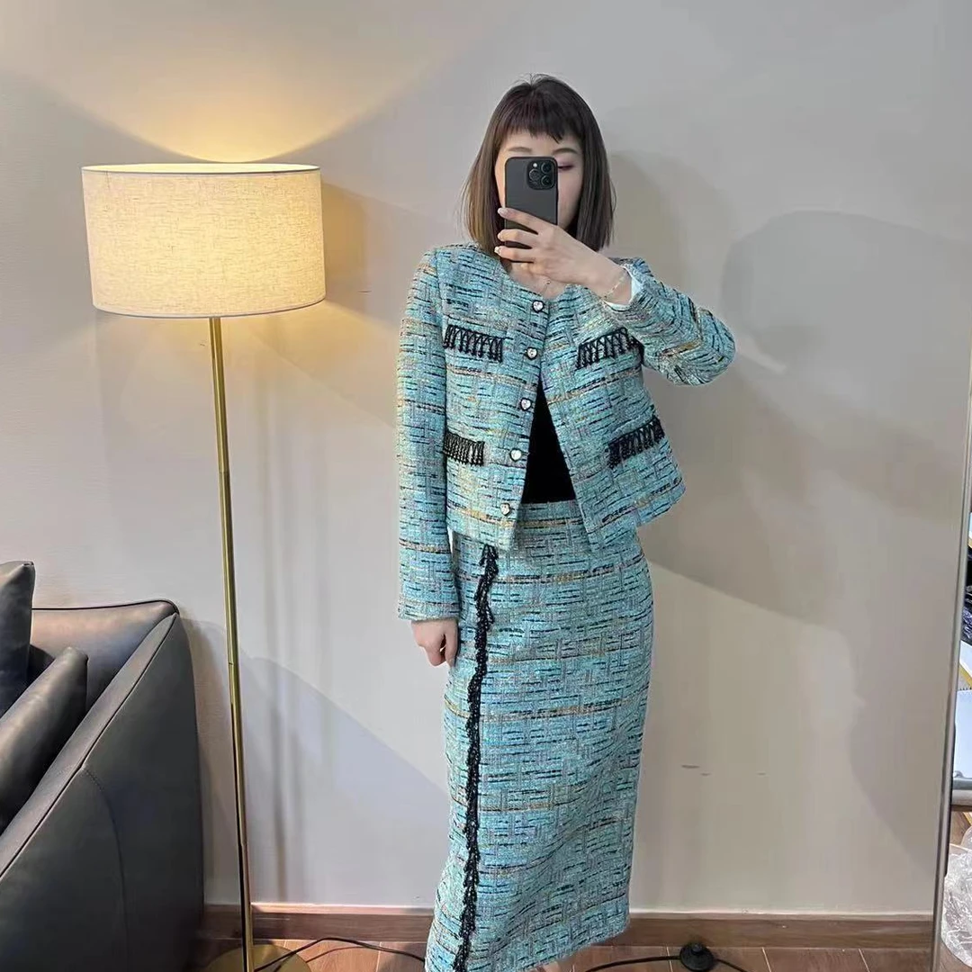 2024春节新款气质编织条纹小香风长半裙+外套套装