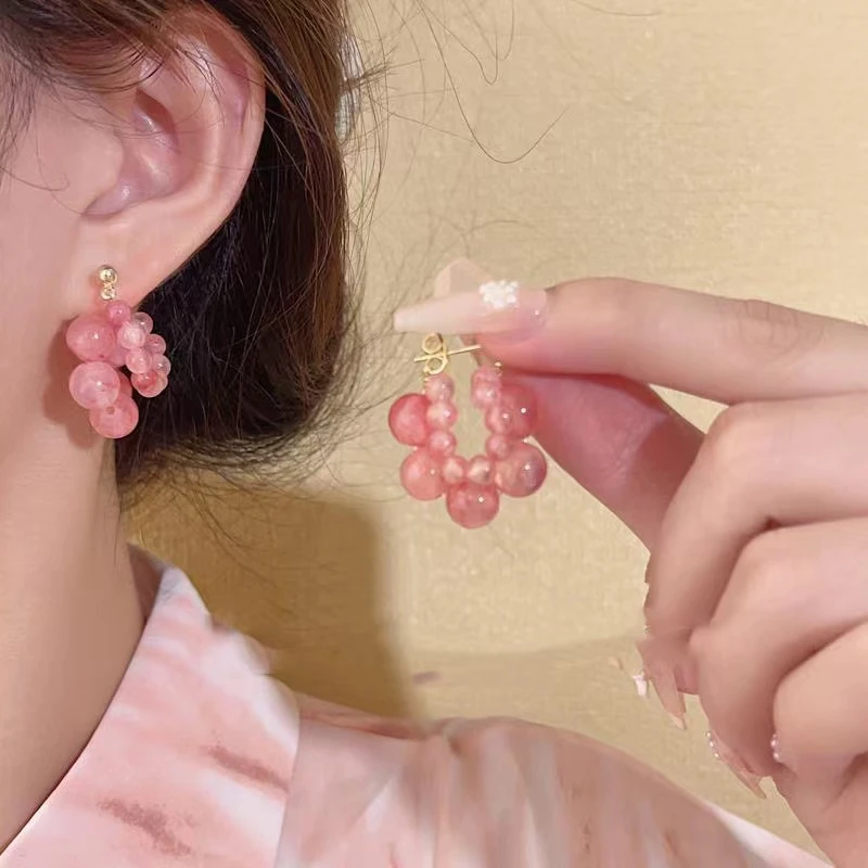 铜合金耳饰 【草莓波波】 粉色串珠夏季新款森系少女心耳环 S13