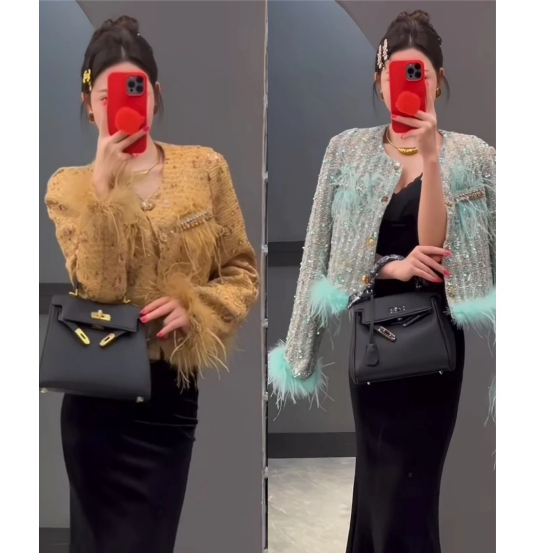 【蓝风铃金丝雀】新款加绒小香风重工钉住驼鸟毛亮片短外套-88328