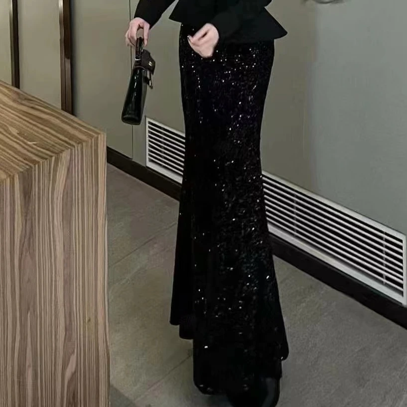 【亮片长裙】秋季新款半身裙高腰长款半身裙半裙烫钻长裙--88401