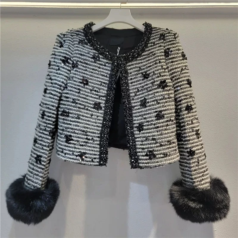 【加州之夜】新款秋冬羊毛小香风外套狐狸毛手袖时尚短外套-88331