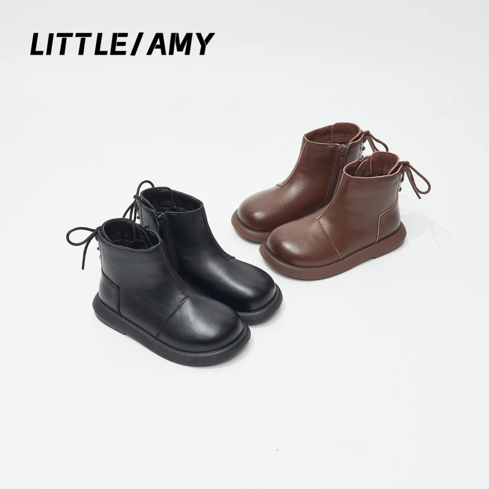 Little amy/小艾咪 2023秋冬复古真皮韩版童鞋蝴蝶结百搭女童短靴