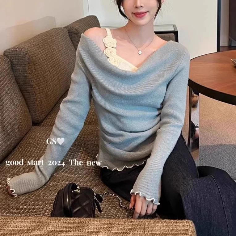 仙女时尚针织上衣女毛衣内搭打底衫2024冬季气质一字肩短款小衫