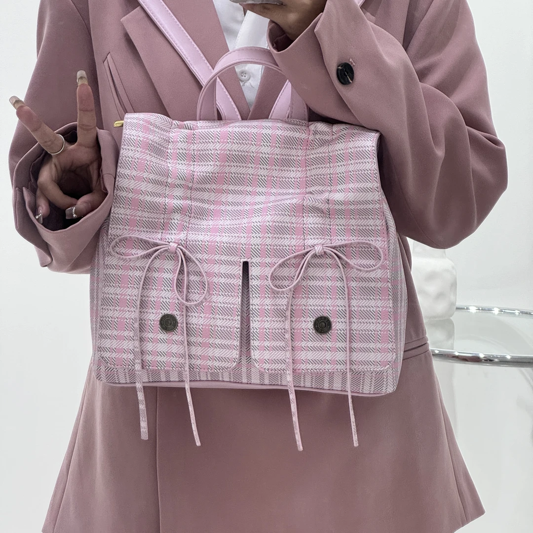 【腼腆小美】时尚双肩包百搭编织格子格纹休闲韩版芭蕾少女风双肩包