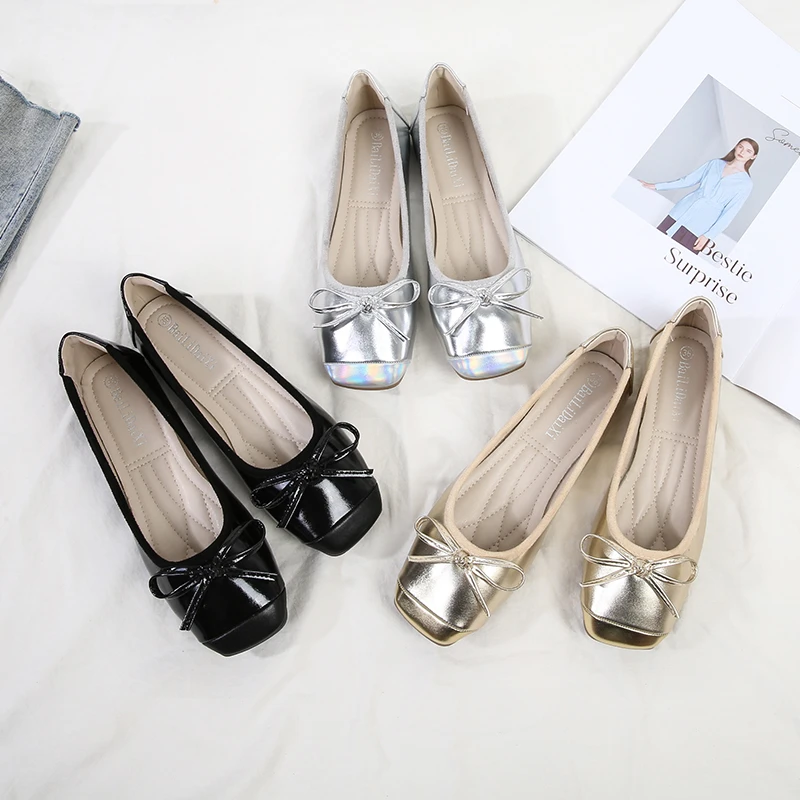 秋季新品2025法式小香风单鞋银色百搭方头软底软皮女鞋方头平底鞋