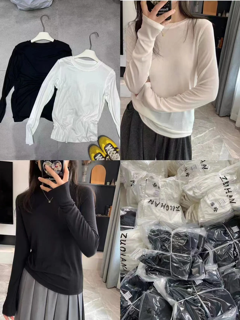 ［精选推荐］新款百搭修身显瘦时尚设计感纯色圆领天丝长袖T恤31271