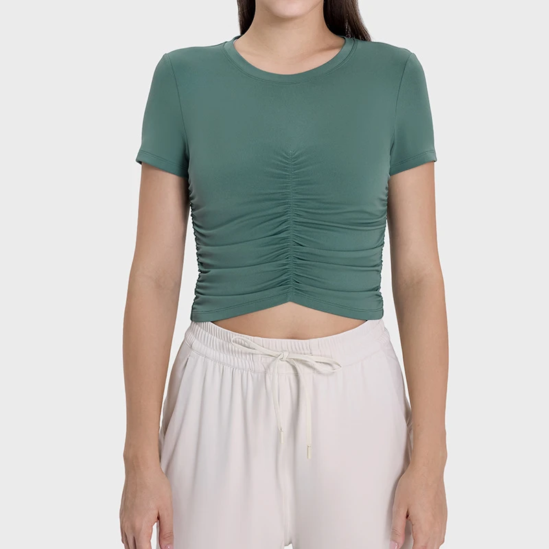 lu家新款时尚百搭褶皱运动短袖舒适修身显瘦短款瑜伽上衣女DSS103