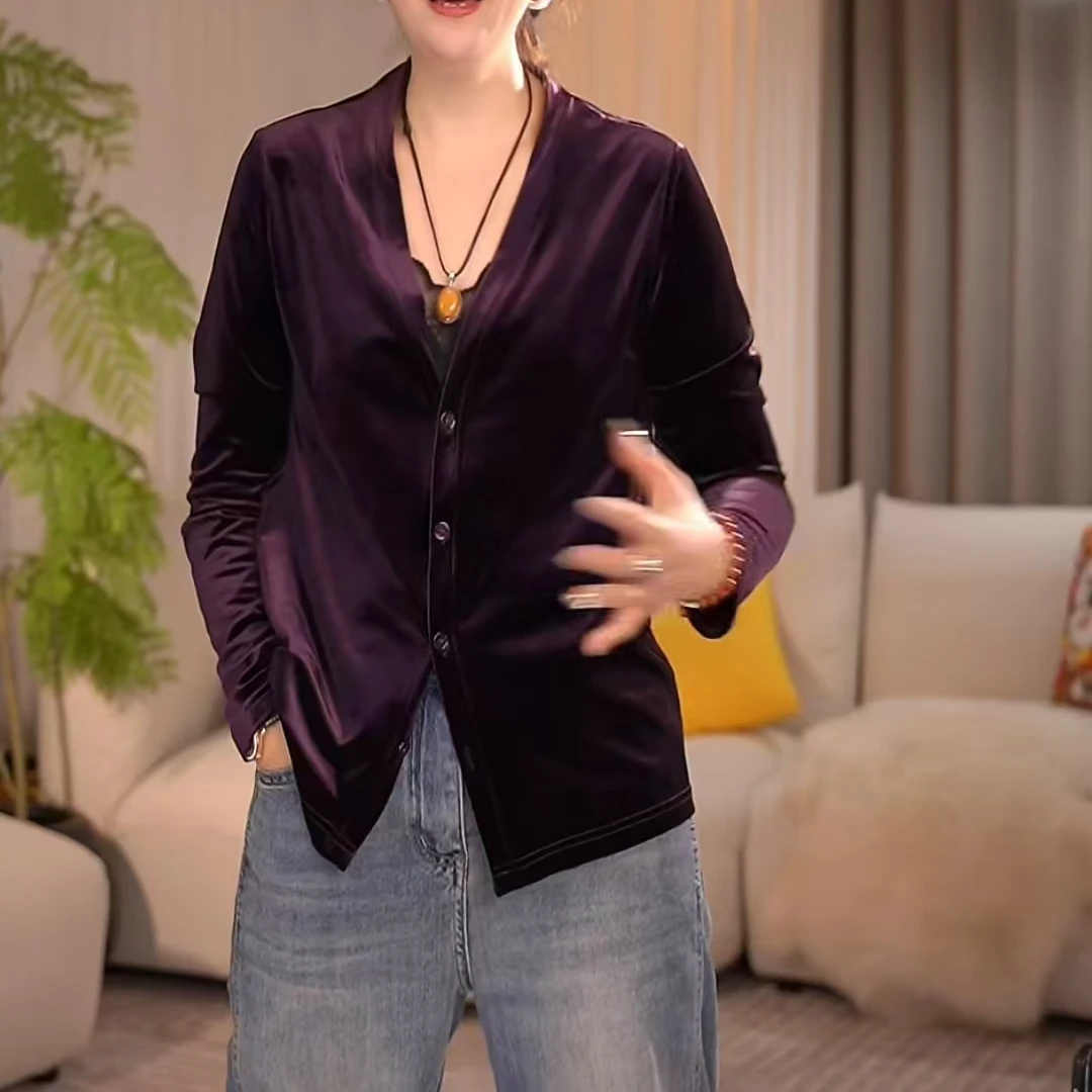 JIUER欧韩高货金丝绒开衫 时尚休闲百搭衬衫领气质简约239068
