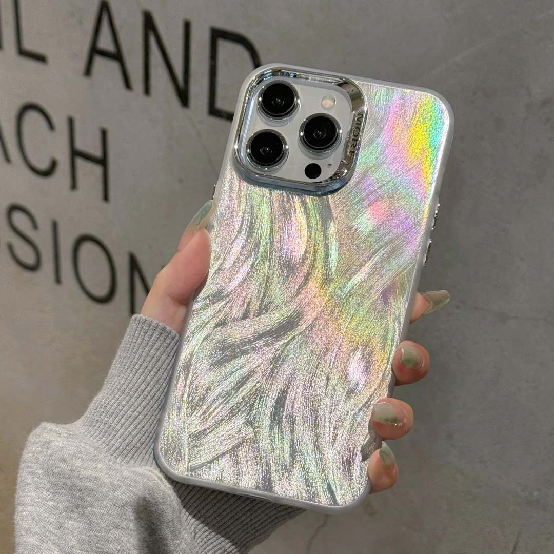 ins风镭射羽纱iPhone15promax手机壳14小众13pro高级12女款保护套