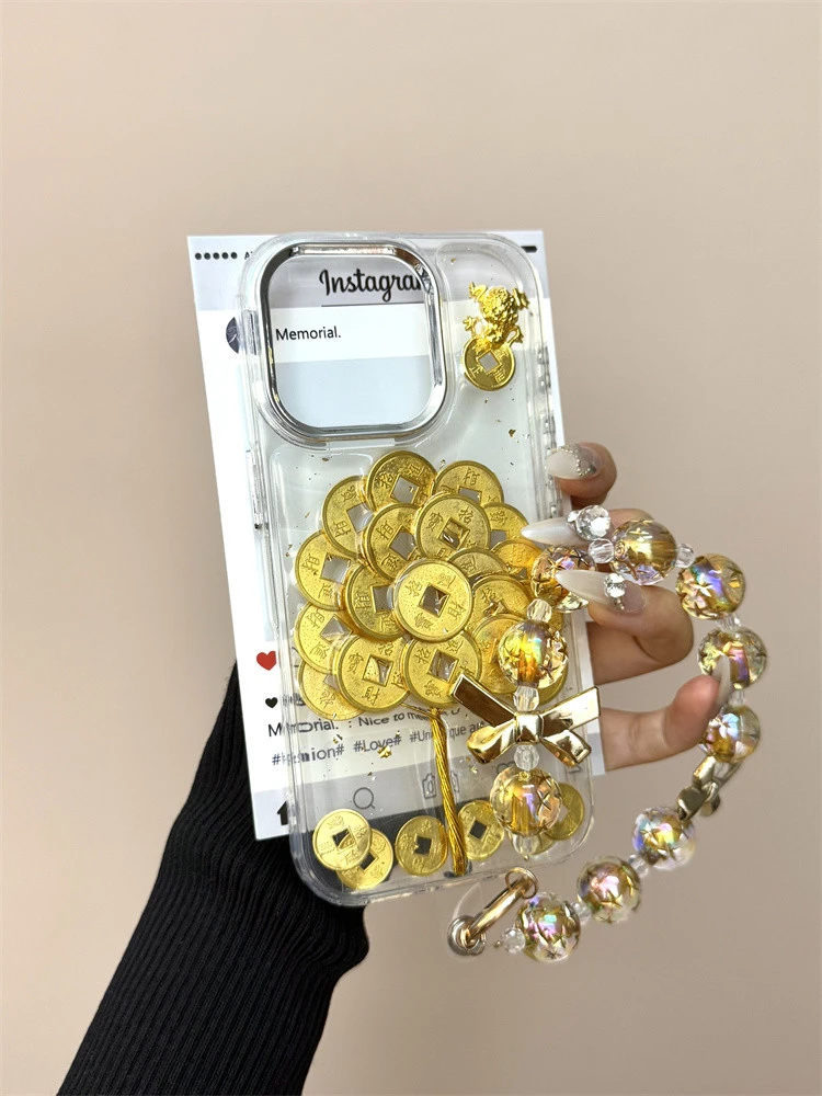 透明滴胶金箔铜钱树适用iPhone16pro手机壳15pro新款14小众全包16