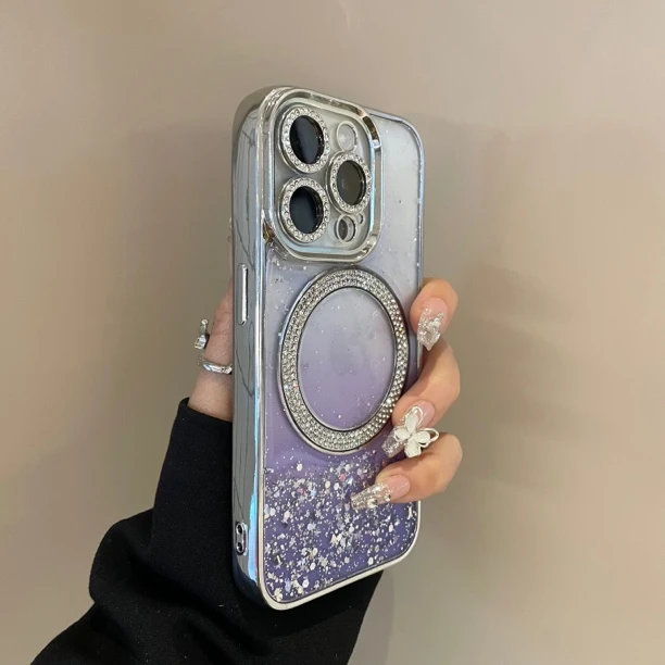 高级感闪粉镶钻适用苹果16promax手机壳15渐变奢华14pro女款13/12