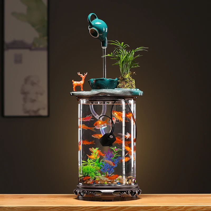 创意陶瓷悬壶流水摆件循环水缸新款种花养鱼缸客厅桌面造景观配件