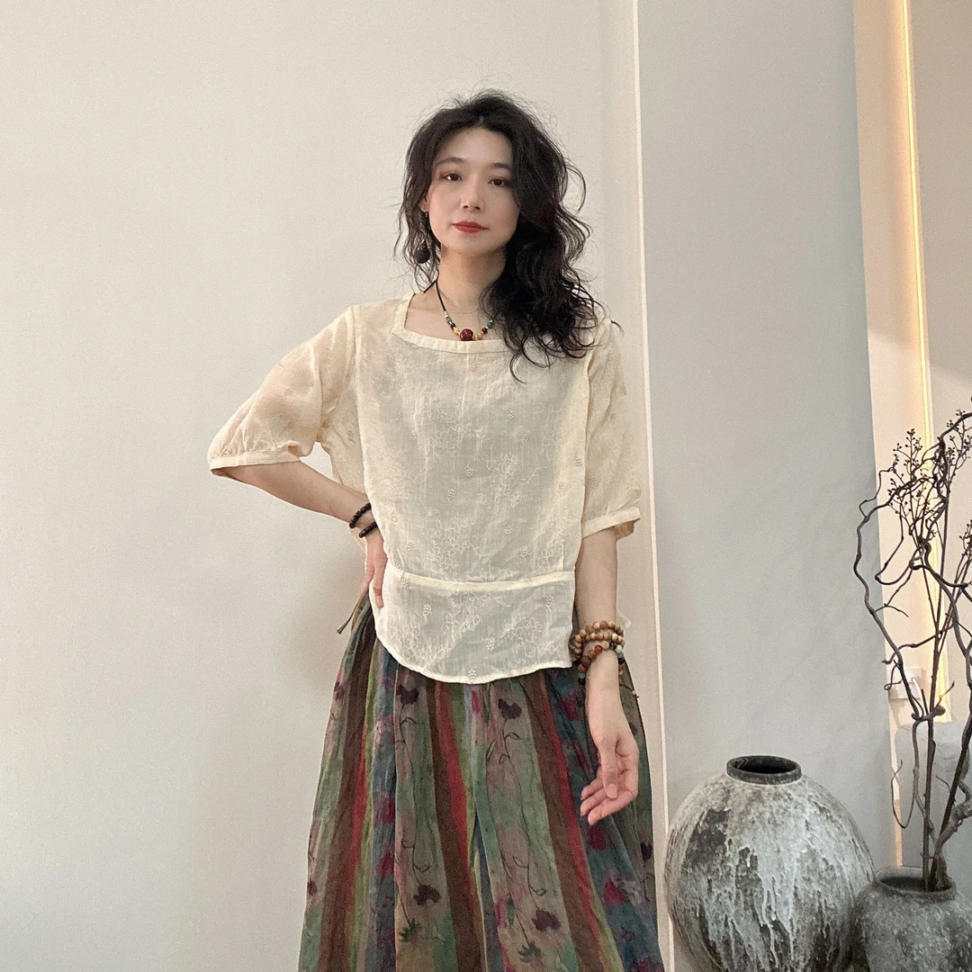 新款苎麻时尚复古百褶上衣纯色显瘦气质休闲百搭新新中式宽松套头