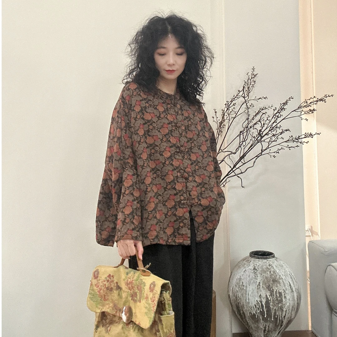 新款春季棉麻女装复古宽松百搭盘扣上衣印花立领休闲长袖碎花外套