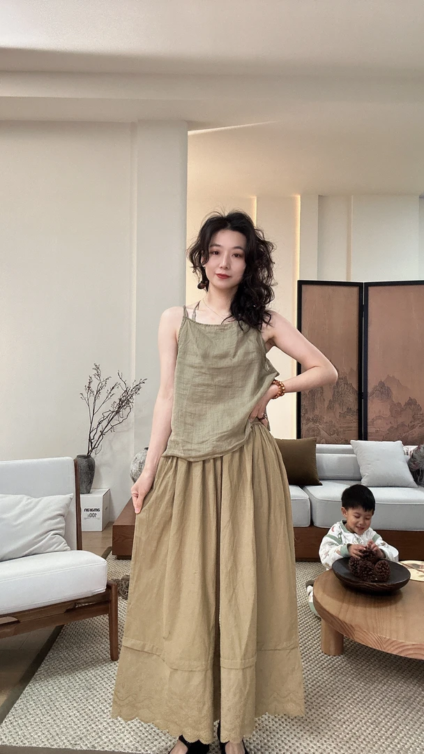 新款阔腿直筒松紧腰大码花边裤女装进口棉质薄款宽松文艺复古