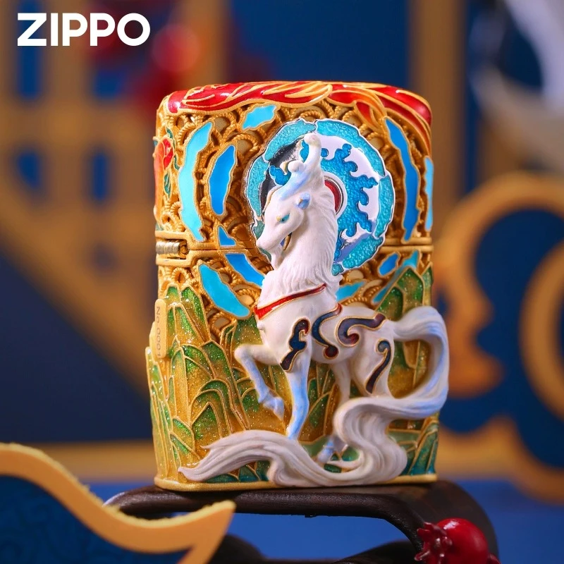 ZIPPO正品白泽镀金夜光珐琅彩防风煤油打火机送礼盒装DY9902TJ
