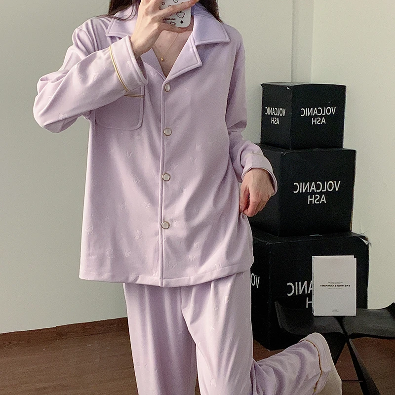 【16号链接】女士睡衣家居服秋冬套装长袖纯色翻领简约韩版大码休闲