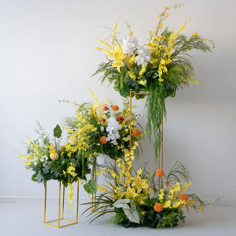 黄色系仿真花花架花球花艺 定制成品绢花橱窗布置KT板装饰假花