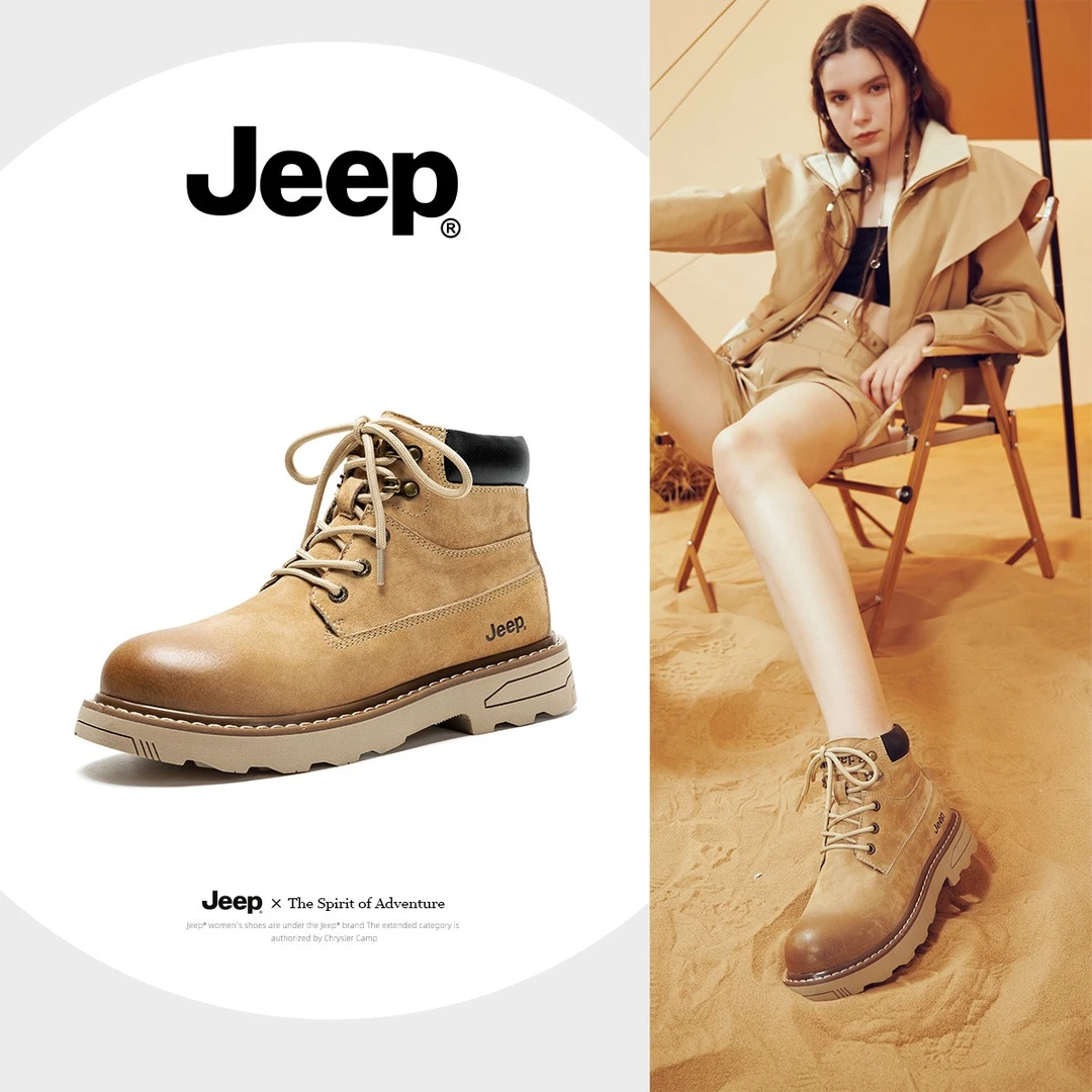 JEEP/吉普高帮马丁靴冬季百搭厚底加绒真皮女款增高英伦风棉鞋