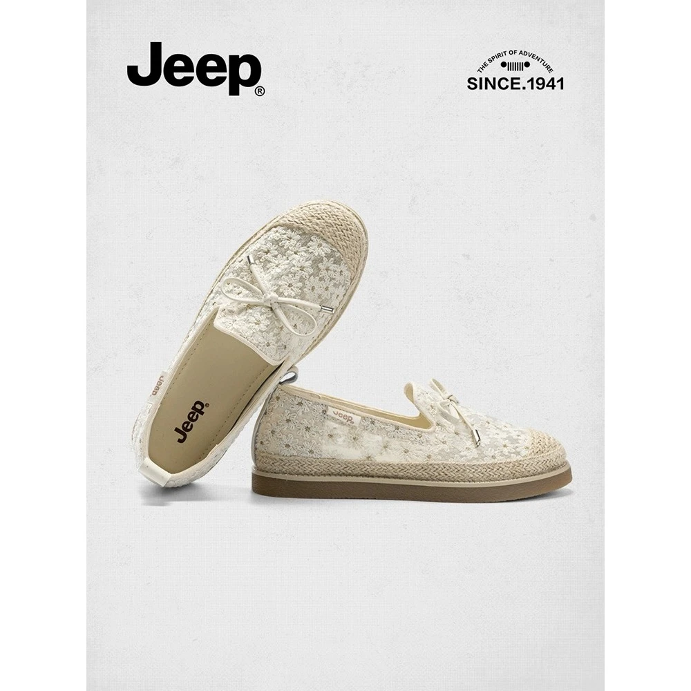 JEEP小香风懒人一脚蹬2025夏季蕾丝网面透气百搭平底单鞋软底凉鞋