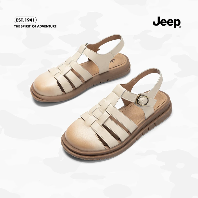 JEEP/吉普真皮包头罗马凉鞋女2023夏季软底复古镂空单鞋厚底凉鞋