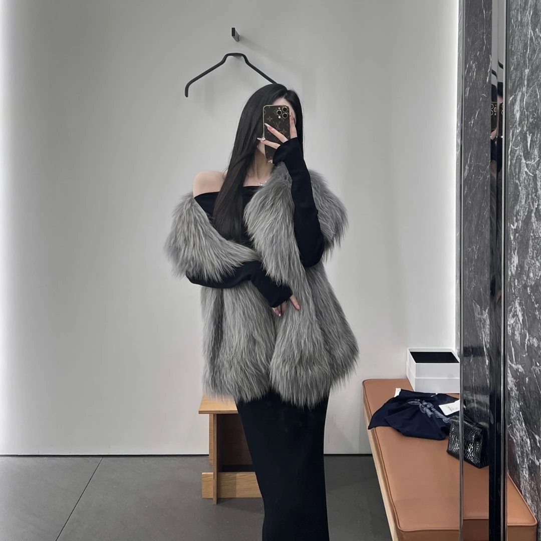 FBB limit百搭无袖马甲大理石狐狐狸毛编织外套女温柔D224084P