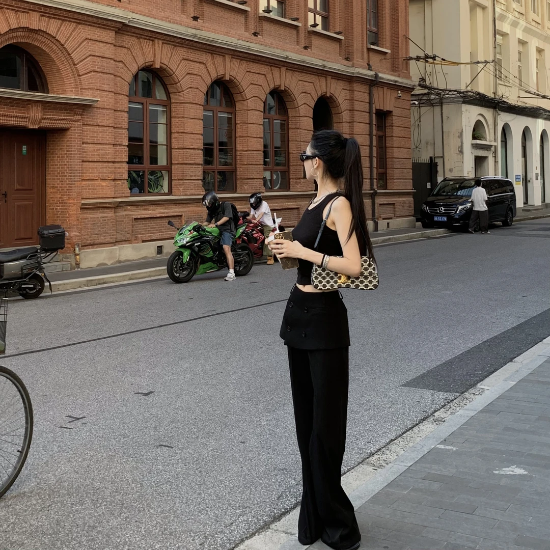 FBB limit早秋西装裤女双排扣假两件拼裙片微喇长裤百搭D242585G