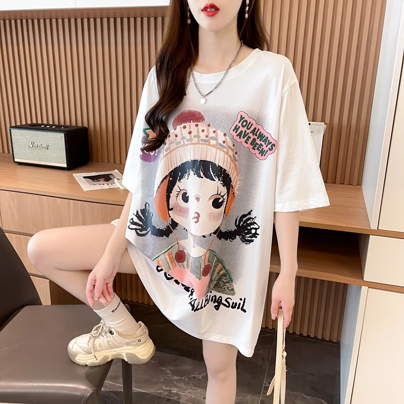 夏季欧货大码宽松短袖T恤女2024新款爆款时尚网红设计感卡通上衣